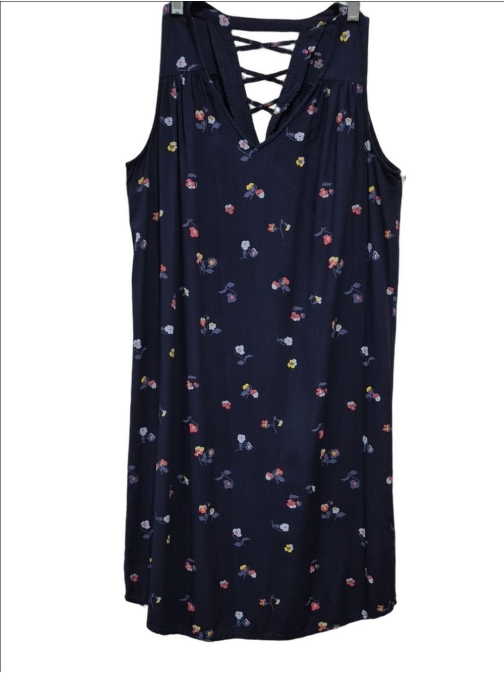 Navy Blue Disty Floral Sleeveless Midi Dress With Criss-Cross Back - Size S/P